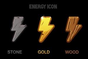 ícones isolados de energia dourada, pedra e madeira. sinal de poder relâmpago e logotipo. vetor