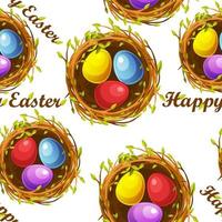 sem costura padrão texturizado de ninhos com ovos para o dia de páscoa. fundo de ovos multicoloridos e inscrições feliz páscoa. vetor