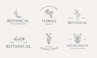 conjunto de logotipo desenhado à mão do elemento floral botânico com flores silvestres e folhas. logotipo para spa e salão de beleza, boutique, loja orgânica, casamento, designer floral, interior, fotografia, cosmético. vetor