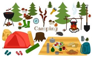 camping, caminhadas na floresta, um conjunto de elementos em estilo desenhado à mão. barraca, fogo, churrasqueira, árvores, garrafa térmica, churrasqueira, lanterna, botas, bússola. ilustração vetorial. vetor
