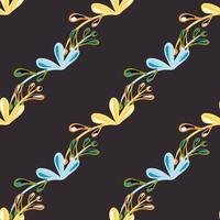 padrão sem emenda de botânica estilo minimalista com ramos florais coloridos azuis e laranja. fundo escuro. vetor