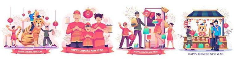 conjunto de ano novo chinês com pessoas celebra o ano novo lunar. crianças brincando com um leão do zodíaco. compras on-line da família. casal fazendo compras na loja do mercado de rua. ilustração vetorial de estilo simples vetor