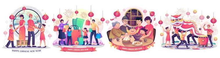 conjunto de ano novo chinês com reunião de família asiática está tendo um jantar de reunião. crianças brincando com um leão dançante chinês. compras on-line da família. ilustração vetorial de estilo simples