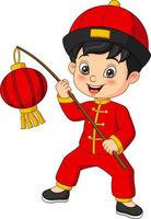 menino feliz dos desenhos animados, segurando a lanterna chinesa vetor