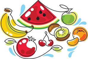 melancia, banana, maçã, kiwi, tangerina, romã, cereja. ilustração simplificada fofa de bagas e frutas. vetor