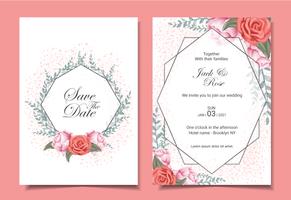 Conjunto de cartões de convite de casamento Floral com rosas, folhas selvagens, quadro geométrico e efeito de brilho vetor