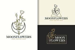 design de logotipo de arte de linha de lua e flores vetor