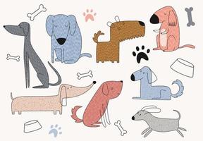 conjunto de ilustração desenhada de mão com cães fofos. vetor