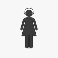 mulher usando pictograma de fones de ouvido. menina ouvindo ícone de música vetor