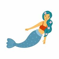 sereia bonita em fundo branco. ilustração de doodle no tema marinho. adesivo para menina. imprimir em roupas. vetor