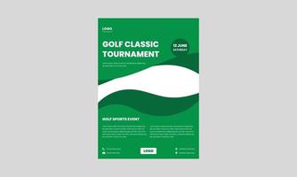 modelo de panfleto de torneio de golfe. design de folheto de evento esportivo de golfe na cor verde. vetor