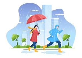 pessoas vestindo capa de chuva, botas de borracha e carregando guarda-chuva no meio da tempestade de chuva. ilustração em vetor de desenho animado de fundo plano para banner ou pôster