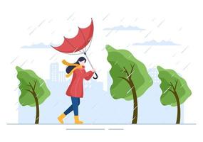 pessoas vestindo capa de chuva, botas de borracha e carregando guarda-chuva no meio da tempestade de chuva. ilustração em vetor de desenho animado de fundo plano para banner ou pôster