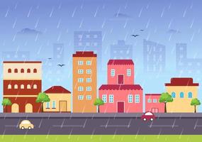 ilustração vetorial de fundo de tempestade de chuva em tempo chuvoso com paisagem urbana ou parque e local público vazio com poça para banner ou pôster vetor