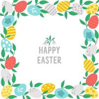 modelo de cartão quadrado de páscoa com ovos coloridos bonitos e folhas. cartaz de férias de primavera ou convite para crianças. moldura brilhante ou ilustração de borda com símbolos tradicionais.