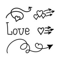 doodle linear definir amor, seta com coração e letras de amor de caligrafia. ponteiro amor, trajetória, gosto. elemento de design vetorial para mídias sociais, dia dos namorados e designs românticos vetor
