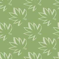 padrão geométrico sem costura com folhas de cânhamo verde e fundo verde. papel de parede de silhueta de contorno de maconha. vetor