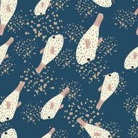 padrão decorativo sem costura com doodle impressão de silhuetas de peixes aleatórios. fundo azul marinho com salpicos. vetor