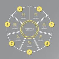 cores amarelas e cinzas para infográfico de círculo com ícones de linha fina. 7 opções ou etapas para infográficos. vetor