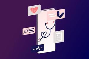 ilustração plana de medicina de tele saúde on-line. consulta e tratamento de saúde médica on-line via aplicativo de telefone celular da clínica de internet conectada ao computador. on-line pedir consulta médica. vetor