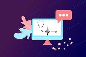 ilustração plana de medicina de tele saúde on-line. consulta e tratamento de saúde médica on-line via aplicativo de clínica de internet conectada por computador. on-line pergunte a tecnologia de consulta médica. vetor