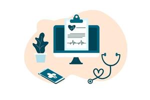 ilustração plana de medicina de tele saúde on-line. consulta e tratamento de saúde médica on-line via aplicativo de clínica de internet conectada por computador. on-line pergunte a tecnologia de consulta médica. vetor