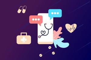 ilustração plana de medicina de tele saúde on-line. consulta e tratamento de saúde médica on-line via aplicativo de telefone celular da clínica de internet conectada ao computador. on-line pedir consulta médica. vetor