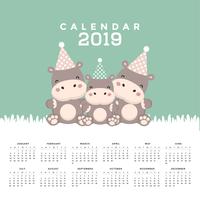 Calendar 2019 com hipopótamo bonito.