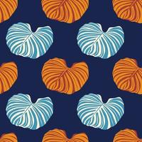 padrão sem emenda de folhas tropicais de monstera de cor laranja e azul. fundo escuro azul marinho. vetor