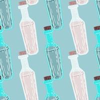 padrão de doodle sem costura fantasia com garrafas de elixir rosa e azul pastel. fundo azul. vetor
