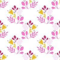 padrão de natureza verão sem costura brilhante isolado com folhas e flores. ornamento popular nas cores rosa e amarelo. vetor