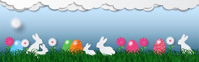 Banner de fundo de férias de Páscoa com ovos na grama verde e coelho branco, ilustração vetorial vetor