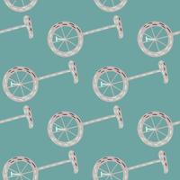 padrão de doodle sem costura de ornamento de bicicleta de circo cinza. cenário de transporte com fundo azul. vetor