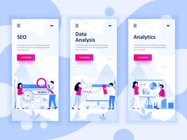 Conjunto de kit de interface de usuário de telas onboarding para SEO, análise de dados, Analytics, conceito de modelos de aplicativo móvel. Modern UX, tela de interface do usuário para site móvel ou responsivo. Ilustração vetorial vetor