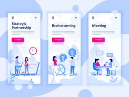 Conjunto de kit de interface de usuário de telas onboarding para parceria, Brainstorming, reunião, conceito de modelos de aplicativo móvel. Modern UX, tela de interface do usuário para site móvel ou responsivo. Ilustração vetorial vetor