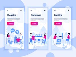 Conjunto de kit de interface de usuário de telas onboarding para compras, comércio eletrônico, serviços bancários, o conceito de modelos de aplicativo móvel. Modern UX, tela de interface do usuário para site móvel ou responsivo. Ilustração vetorial vetor