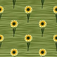 padrão sem emenda botânico de scrapbook com impressão de flores simples amarelas desenhadas à mão. fundo listrado verde. vetor