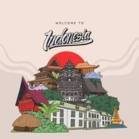 Marco da Indonésia. fundo de culturas indonésias desenhadas à mão vetor