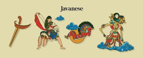 dançarina javanesa isolada com fantoche e cavalo de couro. fundo de culturas indonésias desenhadas à mão vetor