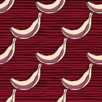 padrão sem emenda de fruta banana moderna colorida rosa e roxa. fundo listrado marrom. estilo abstrato. vetor