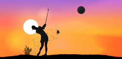 golfista de silhueta feminina jogando golfe com poeira espirrada ao pôr do sol. vetor