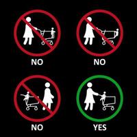 regras usando o carrinho de compras. usando carrinho de compras com crianças. uso correto e errado do carrinho de compras. vetor