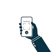 digitalize o código qr para o ícone do telefone. mão segurando o telefone inteligente para escanear seu código de barras. vetor