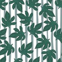 sem costura padrão botânico com ornamento de folhas verdes doodle. fundo colorido branco e azul listrado. vetor
