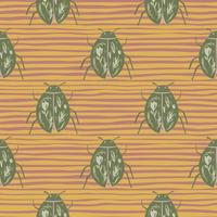 padrão sem emenda de elementos de bugs de cor verde. doodle formas exóticas em fundo laranja despojado. cenário de escaravelho. vetor