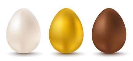 ovos brancos, dourados e de chocolate para a páscoa. vetor
