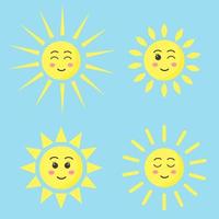 lindo sol kawaii. personagem de desenho animado sorridente engraçado com emoções diferentes. quatro sóis amarelos sobre fundo azul. vetor