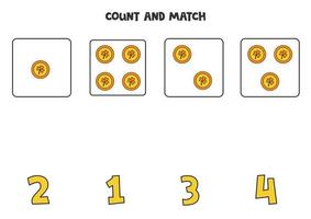 jogo de contagem para crianças. conte todas as moedas e combine com o número. planilha para crianças. vetor
