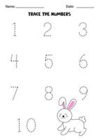 traçando números de um a dez com coelho fofo. prática da escrita. vetor