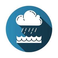 ícone de glifo de sombra longa design plano azul aguaceiro. nuvem, chuva forte, entrada de água. tempestade. torrencial, despejando chuva sobre a água. temporada de monções. ilustração em vetor silhueta